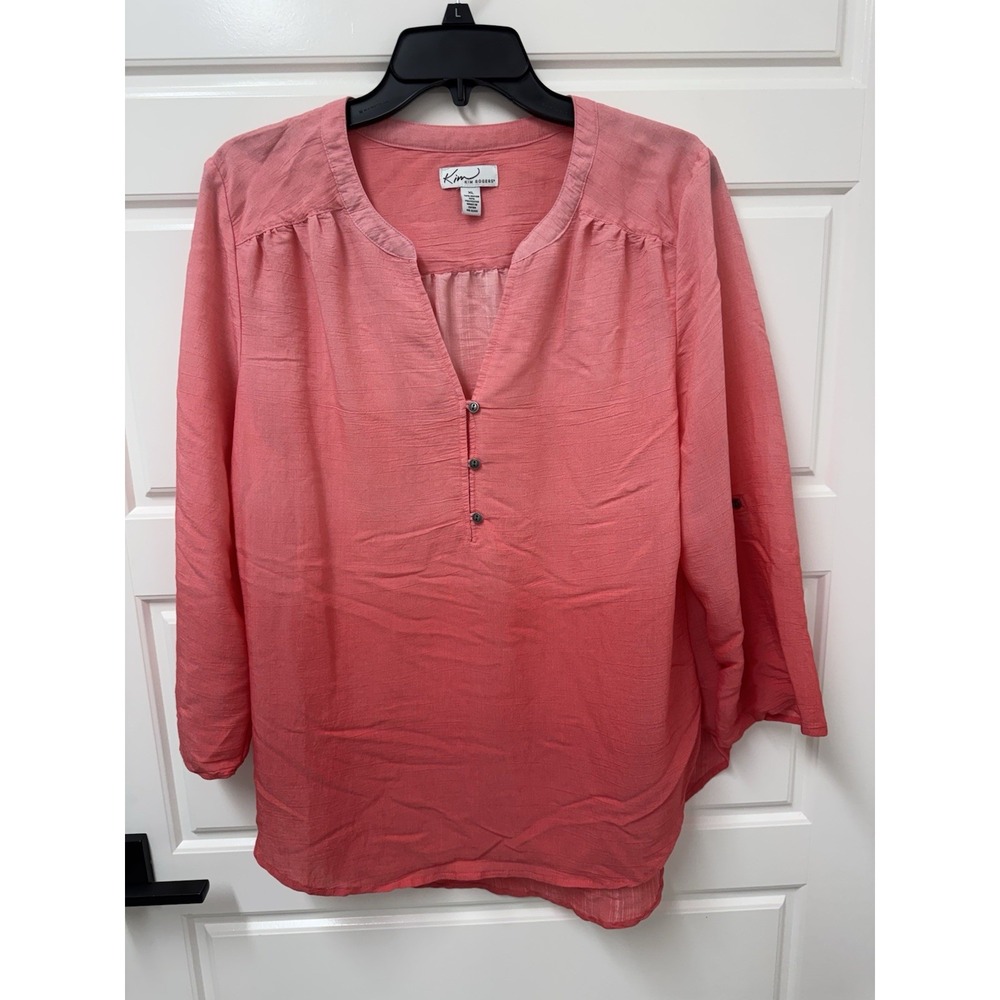 Kim Rogers Women XL Pink Tunic Top Roll Tab Sleeve Hi Lo Hem Pullover Blouse